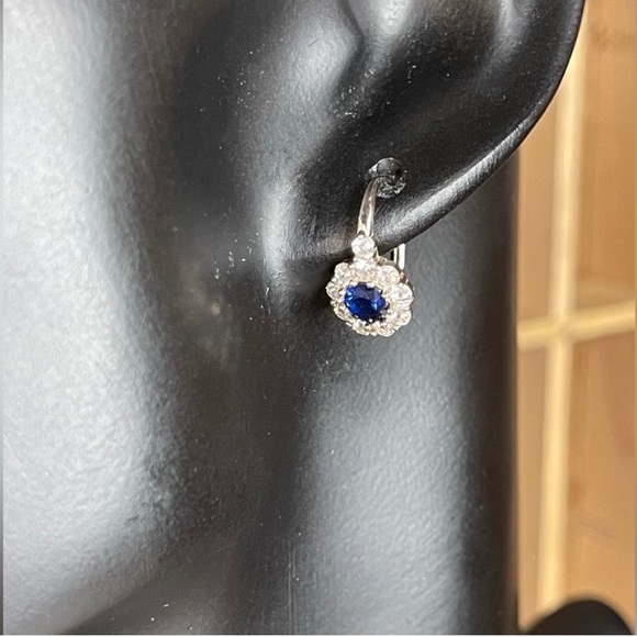 925 Sterling Silver Stimulated Sapphire Diamond Dangle Latched Back Earrings - Picture 2 of 8